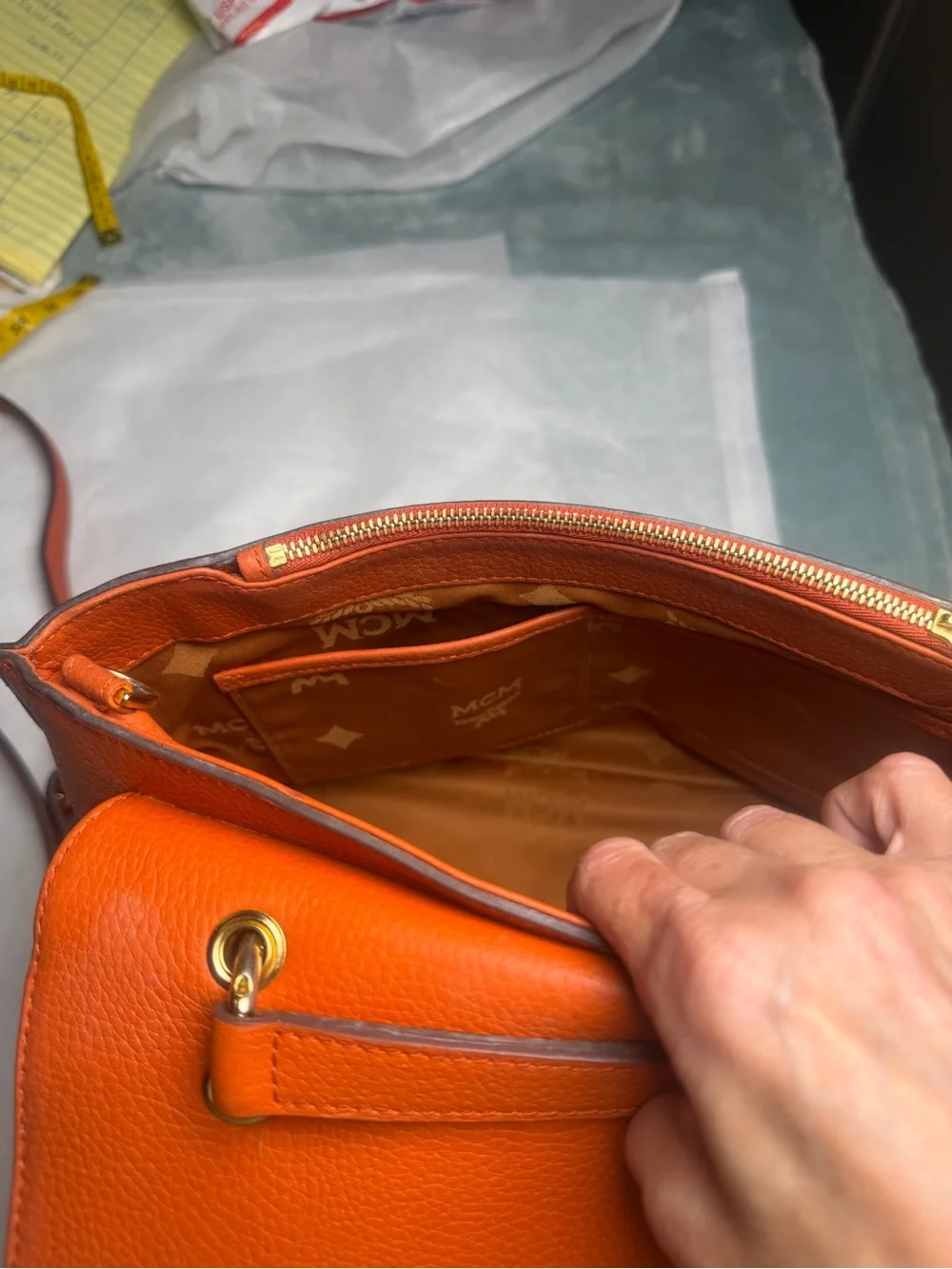 Structured Orange Leather Satchel with Top Handle and Crossbody Strap